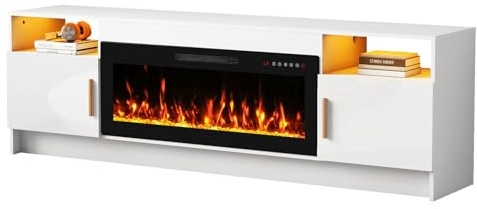 Quiniver 36 Electric Fireplace TV Stand 2 in 1 Entertainment Centre White | Two heating modes, custom flame visuals, timer function, quiet operation, overheat safeguard, LED, ample storage space