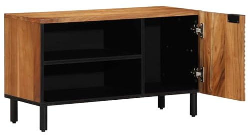 Foknhdi Meuble TV avec étagère marron - 80 x 33 x 46 cm - Meuble bas en bois massif de manguier - Meuble TV mural suspendu avec porte pour salon - Meuble TV moderne en bois