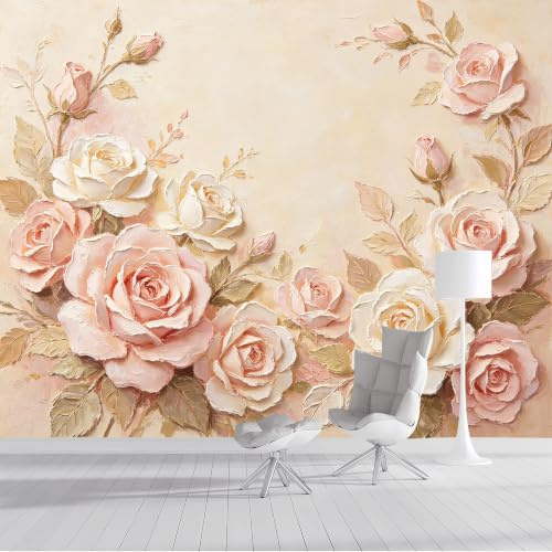 Papier peint mural de taille personnalisée, pastel, rose pâle, rose, peinture à l'huile florale, texture auto-adhésive, tissu mural amovible, décoration murale pour salon, chambre à coucher, salle de