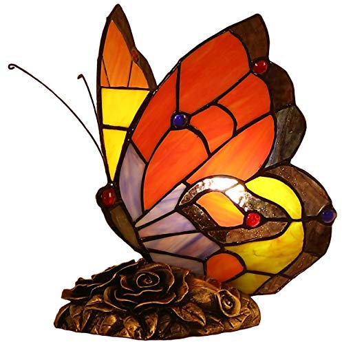 Bieye L30038 8-Zoll-Schmetterling Tiffany-Stil Glasmalerei Akzent Tischlampe Nachtlicht für Nachttisch Wohnzimmer Schlafzimmer Couchtisch, rot