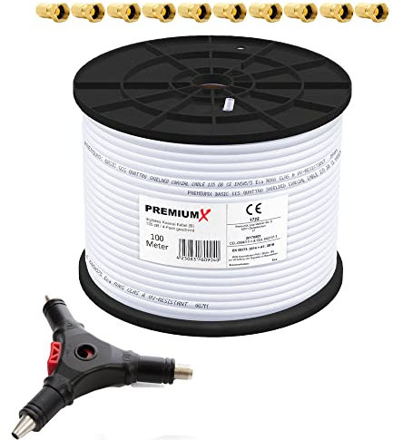 Premium X 100m BASIC Koaxialkabel 135dB 4-fach SAT Antennenkabel Koax-Kabel RG6 Satellitenkabel 4in1 Abisolierer 10x F-Stecker