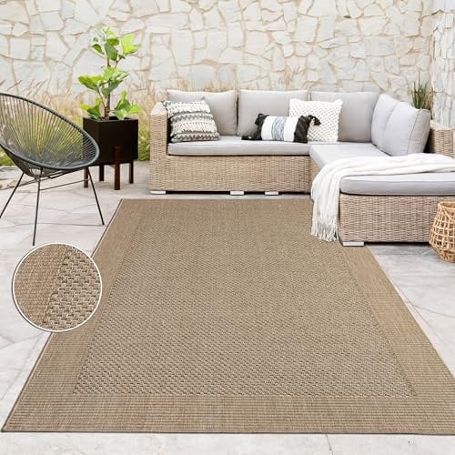 Paco Home Tapis Exterieur Terrasse Balcon Tapis Cuisine avec Bordure Aspect Sisal Uni Beige, Dimension:80x150 cm