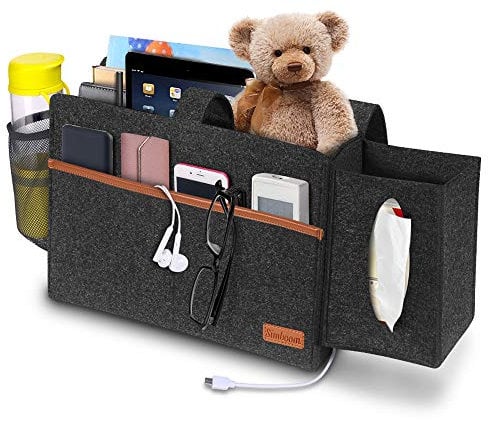 SIMBOOM Bett Organizer Tasche Filz Bettablage mit Tücherbox und Flaschenhalter Anti-Rutsch Sofa Aufbewahrungstasche für Buch, Zeitschriften, iPad, Handy, Fernbedienung - Dunkelgrau