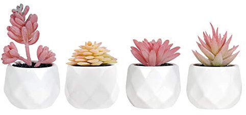 Tiita Artificial Faux Succulents in Pots, Pink Fake Plants Ceramic Arrangement Planter for Women Desk Small Mini Tiny Decoration for Home Office Desk Window 4 Set, Pink