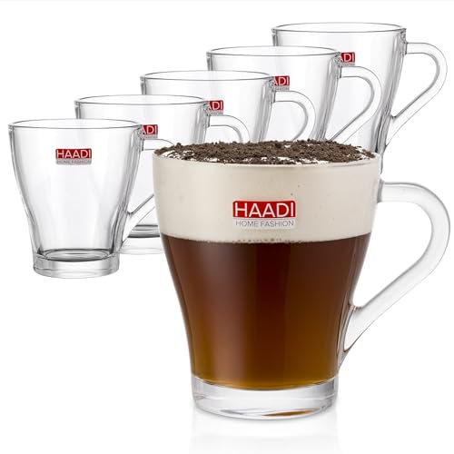 HAADI Glass Coffee Mugs for Hot & Cold Drinks with Handles Set of 6-260ml Double Espresso Clear Tea Latte Cup Durable, Dishwasher Safe, Rolled Rim & Thick Bottom