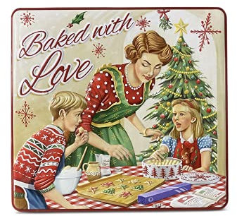 stylebox Rechteckige Blechdose mit Aufschrift Baked with Love im Retro-Look rot Keksdose Deko Box Dose, ca. 23 x 21.5 x 4 cm Volumen: 1,9 L