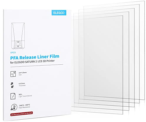 ELEGOO 5er-Set PFA-Folie, PFA Release Liner Film für Saturn 2, Saturn 3, Saturn 4 und 4 Ultra Resin 3D Drucker, 273 mm * 176 mm * 0,127 mm, mit stärkerer Trennleistung
