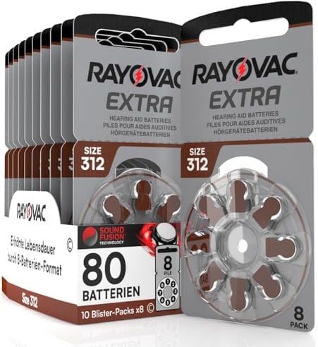 80 Hearing Aid Batteries Size 312 Rayovac Extra PR41 (Brown) - 10 Blisters of 8 Batteries