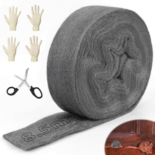 Mbsomnus 8.5M Paille de Fer Laine d'acier 0000 Nettoyage Paille de Fer 0000 Paille de Cuivre Paille de Fer Polissage avec Ciseaux Gants Laine d'acier Anti Rongeur pour Trous Fissures Nettoyage Murs