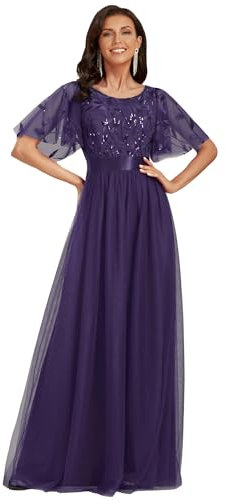 Ever-Pretty Abito Cerimonia Donna Paillettes Stile Impero Maniche Corte Linea ad A Vestito Elegante Sposa Scollo a Rotondo Donna Tulle Viola Scuro 52