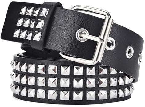 Vintage Punk Rock Grommet Belt with Bright Pyramid Square Beads, Black Leather Studded Belt for Women & Men