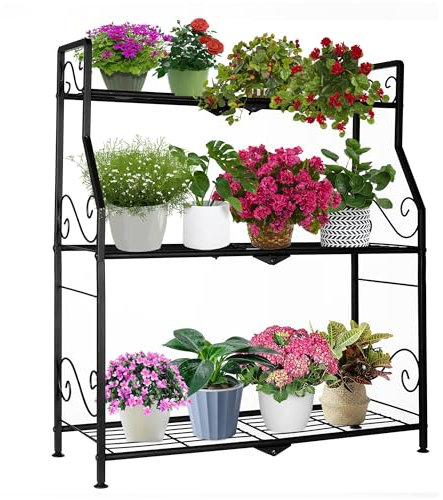 REAWOW 3-stufiger Blumenständer für draußen, Metall Blumentreppe Indoor, Mehrstöckiger Pflanzentreppe, Pflanzenständer Geeignet für Gärten, Innenräume,Balkone