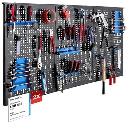 AREBOS Pannello Portautensili da Parete 6 Pezzi | Set Ganci 34 Pezzi | 235,2x59,5 cm | Pannello Forato in Metallo per Officina | Supporti per Attrezzi | Incl. Materiale di Montaggio | Blu