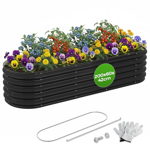 Hochbeet 200x60x45cm Metall Hochbeete für Garten, Ovaler Pflanzenkaste, Stahl Rostfrei & Verzinkt, Wetterfest Gemüsebeet, Beet für Garten Balkon, Gartenbeet mit Kantenschutz für Gemüse Kräuter Blumen