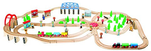 Small Foot foot 10087 Eisenbahnset Berufsverkehr, Spielset mit Schienen, Figuren UVM, Holzeisenbahn für Kinder ab 3 Jahren Eisenbahn