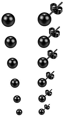 Fu You 6 Paar Edelstahl Schwarz Ohrstecker Herren Damen Mädchen 3-8mm Durchmesser Hypoallergen, Titan Metall