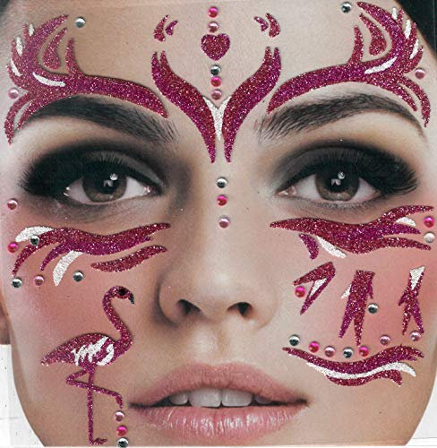 Brandsseller Gesichts-Tattoo Glitzer Flamingo - Aufkleber Set Klebetattoos Temporäre Tattoos Halloween/Karneval Pink