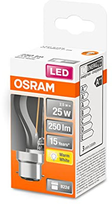 OSRAM LED Star Classic P25, klare Filament in Tropfenform, B22d Sockel, Warmweiß (2700K), Ersatz für herkömmliche 25W-Glühbirnen, 1er-Pack