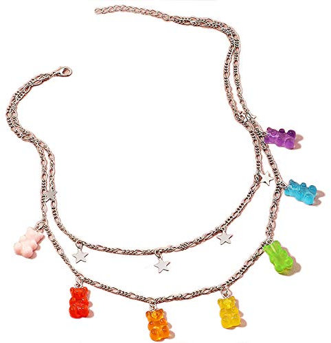 Layered Lock Necklace Punk Gothic Resin Gummy Cartoon Bear Link Chain Pendant Necklace Colorful Rock Hip Hop Transparent Butterfly Dinosaur Animal Choker Necklace for Women Girls Party Jewelry Gift