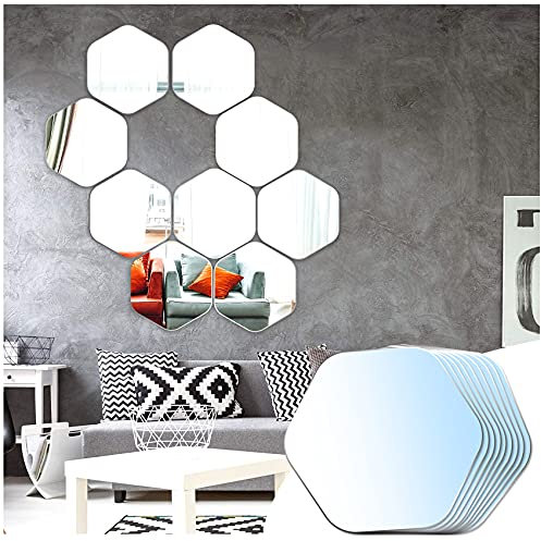 Sqinor Klebespiegel Glas Spiegelfliesen Selbstklebend Hexagon 9 Stücke, Dekorative Spiegel DIY Spiegel Kleben Wand Selbstklebende Wandspiegel für Wohnzimmer Schlafzimmer Flur (Feines Schleifen)