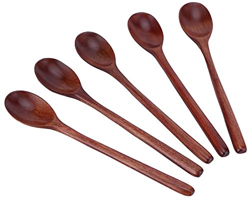 Cuchara de madera, 5 piezas de cuchara japonesa reutilizable con vajilla de mango largo para la comida diaria de picnic de la oficina de la escuela(Color de pintura grande)