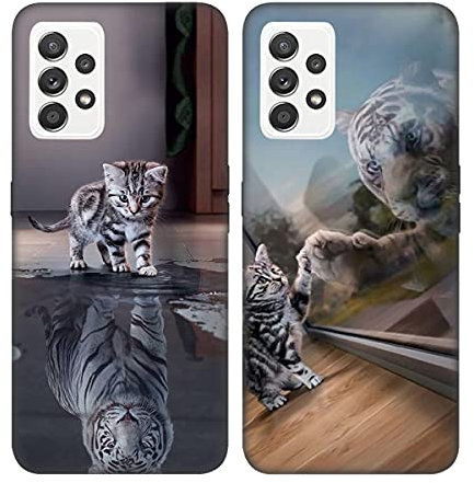 DiaryTown 2 Pack für Samsung A52 5G / 4G / A52s 5G Hülle, Ultra Dünn Silikon Bumper Schutzhülle Stoßfest mit Muster Motiv Schwarz Handyhüllen Weich TPU Cover für Galaxy A52 5G / 4G - Katze & Tiger