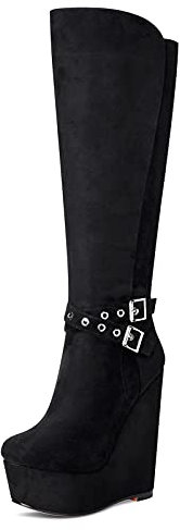 NobleOnly Damen Mode-Stiefel Plattform Wedge Mid Calf Boots Reißverschluss Wadenhoch 16CM High Heels Schwarz Taste Schuhe EU 42