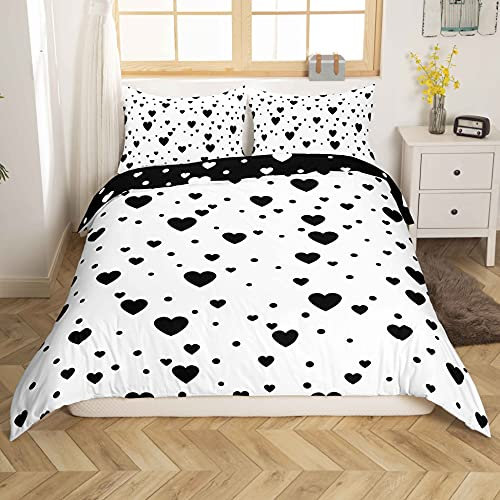 Herzen Bettwäsche Set 155x220cm für Mädchen Jungen Kinder Niedlich Liebe Herzen Betten Set Geometrisches Muster Bettbezug Set Schwarz-Weiß Wendezimmer Dekor Romantische Bettwäsche Kollektion 2St