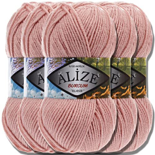Alize 5x 100g Burcum Klasik Classic Türkische Premium Wolle 100% Acryl Handstrickgarne Uni Einfarbig | Garn | Yarn Babywolle Strickgarn Baby zum Häkeln Stricken (Powder | 161)