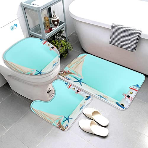 AOLIGL Badematte Segelschiff Leuchtturm,Blaue Muschel Badematten Set rutschfest Waschbar Badgarnitur 3teilig - WC Deckelbezug U-förmigen Contour Badezimmerteppich Matte Flauschige Mikrofaser