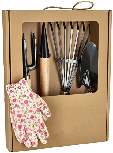 KOTARBAU® Mini Gartenwerkzeug Satz 5tlg. Kleinwerkzugsatz mit Metallkopf Gartenwerkzeug mit Holzgriff Pflanzlochstecher Rechen Gabel Blumenkelle Handschuhe Gartenarbeit Gartenbedarf Gartengeräte