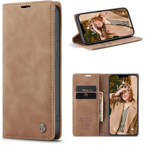 CaseMe Hülle für iPhone 12/12 Pro Vintage Dünne Handyhülle mit Kartenfach Geld Slot Ständer PU Ledertasche Flip Schutzhülle für iPhone 12/12 Pro- Braun