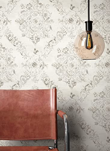 NEWROOM Tapete Grau Vliestapete Ornament - Barocktapete Barock Silber Prunk Glamour inkl. Tapezier-Ratgeber