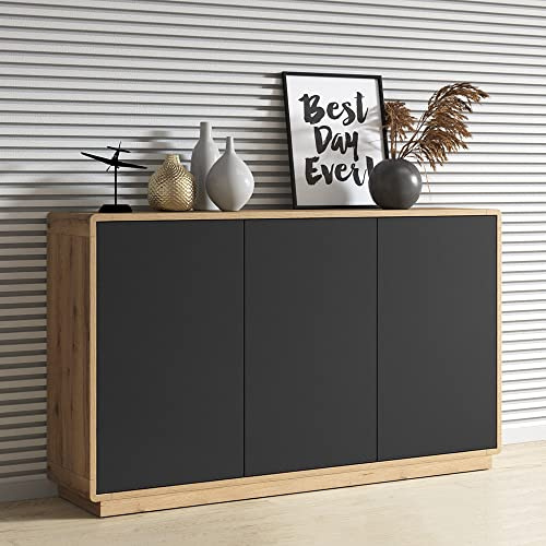 Lomadox Sideboard Anrichte Wohnzimmer Esszimmer modern in Taurus Eiche Nb. mit Absetzungen in schwarz matt, B/H/T: ca. 160/75/40 cm