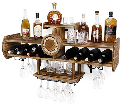 Homde Wine Rack Wall Mounted Wood,Alcohol Shelf with Bottle Stemware Glass Holder Rustic, Airplane Shape Multi Functional Liquor Display Storage for Home Bar (Light Brown)