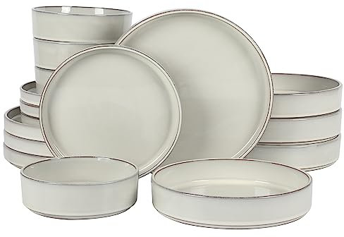 Bloomhouse - Oprah's Favorite Things - Santorini Mist Double Bowl Terracotta Reactive Glaze Plates and Bowls Dinnerware Set - Moonstone White, Service for Four (16pcs)