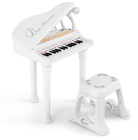 GYMAX 31/37 Keys Kids Piano and Stool, Electronic Keyboard Children Grand Piano with Microphone, LED Teaching Mode & Record Playback, Musical Instrument Toy for Girls Boys Age 3+ (31 Keys, White)