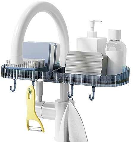 Nexoria Mensola portaoggetti per doccia, in plastica, organizer da appendere sopra il rubinetto, senza foratura, mensola galleggiante per lavandino del bagno con ganci sopra il rubinetto, organizer