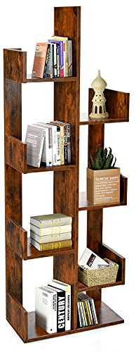 GOPLUS Bücherregal mit 8 fächern, Baumförmiges Standregal, Aufbewahrungregal Raumteiler Regal für Wohnzimmer & Büro, 50 x 25 x 145 cm (Braun)
