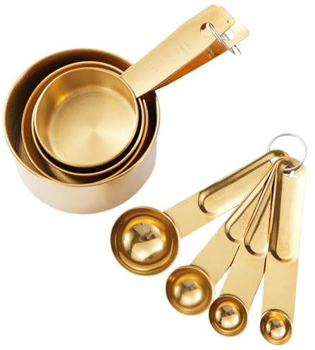 Gralara Set di 8 misurini e cucchiai dosatori, Misura cucchiaini con Manico, misurini e misurini per Barra degli Attrezzi, Oro