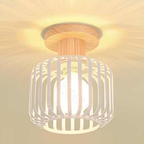 iDEGU Vintage Deckenleuchte 18cm Retro Deckenlampe aus Holz und Metall Industrie Lampe Käfig Design Lampenschirm E27 Pendelleuchte Moderne Kronleuchter für Flur Schlafzimmer Wohnzimmer Küche (Weiß)