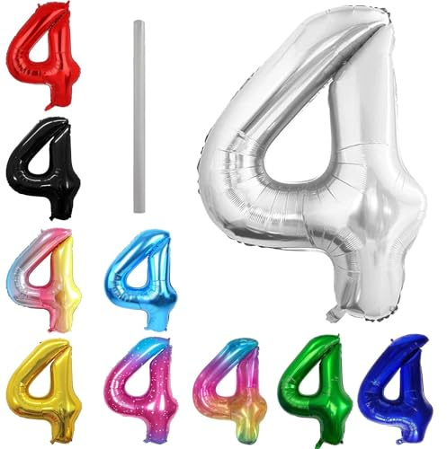 Geburtstag zahlen Luftballon 4 jahre-Silber XXL Jumbo Folienballon 40 Zoll – 101 cm Luftballons 4 Geburtstag Junge Mädchen Babyparty Geburtstagsdeko Jubiläumsparty Dekoration