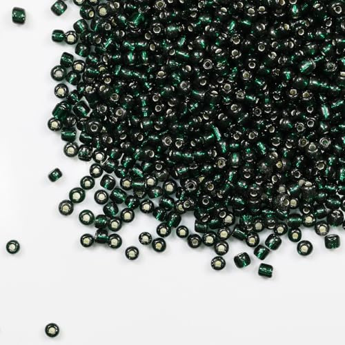 Tibaoffy Transparent Dark Green with Silver Lined Beads Size 6/0 Crafts Glass Seed Beads 4mm for Jewelry Making (Total About 100g About 1200pcs)