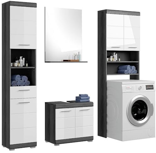 Lomadox Badezimmermöbel Set 4-teilig Badezimmerschrank Hochschrank Spiegel Waschbeckenunterschrank modern in Hochglanz weiß mit grau