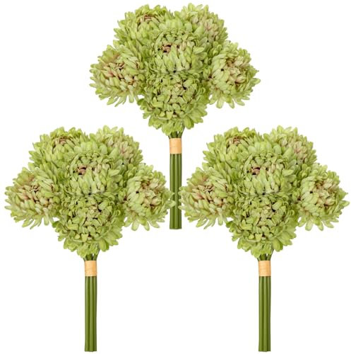 Arborus 3 Bündel Künstlich Zweige mit Blumen 25 Kunstblumen Chrysantheme Grün Kunstpflanzen wie Echt Unechte Blumen Hochzeit Esstisch Nachttisch Deko im Modern Rustikal Zimmer Büro Hotel Restaurant