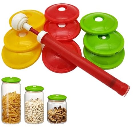 Oldmoom Glass Vacuum Sealer Set, Vacuum Sealer Glass Lid - Vacuum Sealer Fixing Set, Mason Jar Vacuum Sealer, Vacuum Food Saver with a Manual Portable Vacuum Pump and 9 Lids for