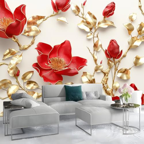 Papier peint intissé Relief magnolia rouge mural Tableaux Muraux 400 x 280 cm Tapisserie Photo Décoration Murale Salon Chambre Jaune papier peint