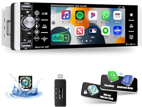CAMECHO DAB Plus Autoradio 1Din A-pple Carplay mit Android Auto, 5,1 Zoll Touch Bildschirm Display 1Din mit Bluetooth Freisprecheinrichtung Mirror Link 2USB FM/AM/RDS EQ SWC+Rückfahrkamera+MIC