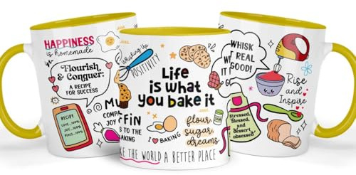 Shamsco Life is What You Bake It Pink Mug Set | Inspirational Baking Quote | Bake The World A Better Place | Gift for Bakers & Food Lovers | Unique Kitchen Decor (Yellow)