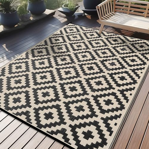 Homaxy Outdoor Teppich Wetterfest, 180x270cm, Schwarz & Beige | Kunststoff Stroh UV-beständig Wendbar Faltbar Waschbar Balkon Garten Teppich für Terrasse Picknick Camping